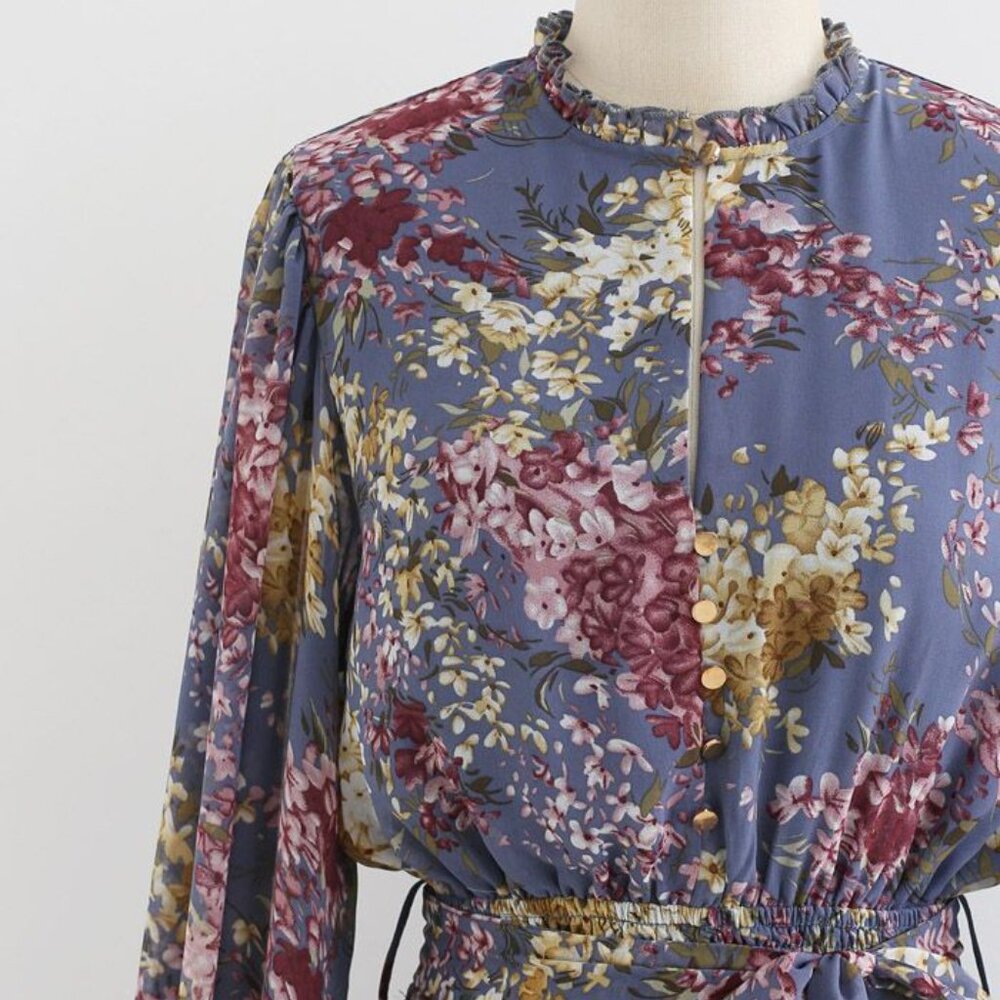 Chicwish Flying Petals Print Puff Sleeves Ruffle Dress in Lavender XS - Picture 4 of 11